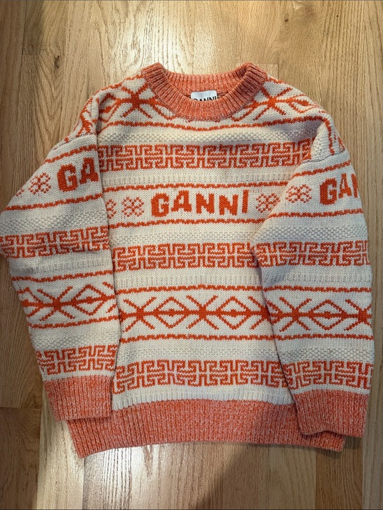 Ganni Sweaters - Ganni Orange and Cream Patterned Crewneck Sweater